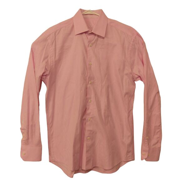 Bugatchi Uomu dress shirt  mens L Large 16 34/35 pink stripe long sleeve button - Picture 1 of 9